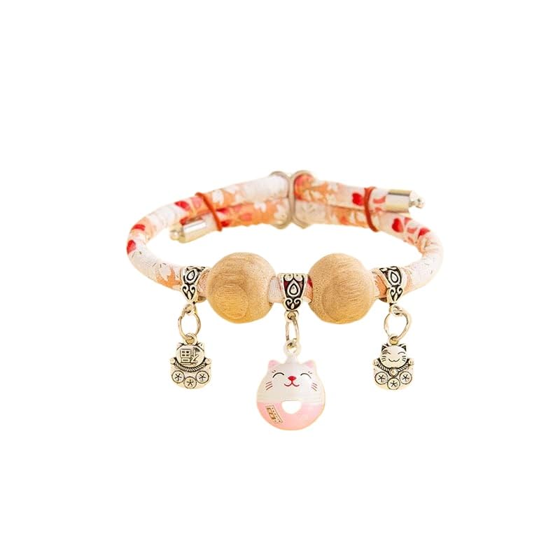 Cat Collar with Bell - Japanese Style Lucky Charm Adjustable Natural Camphor Bead Pet Collar Handmade Fortune Pendant Necklace for Cats Small Dogs Daily Wear or Gift (Pink,XXS For 3-6kg)