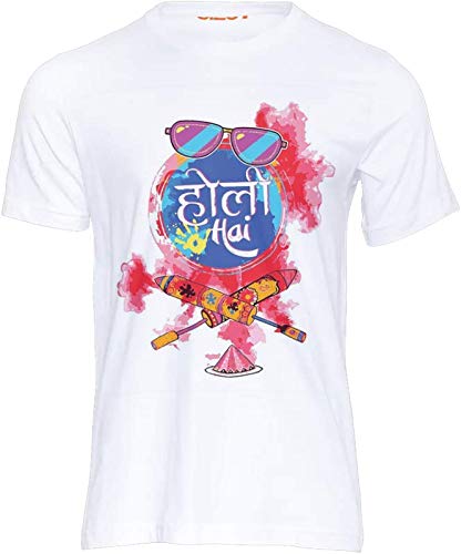Goodness Grocery Holi hai T-Shirts for Men | Holi Hai T-Shirts for Boys | Colorful T-Shirts | Holi Dryfit Strechable T-Shirts | Color - White with Multicolor Designs