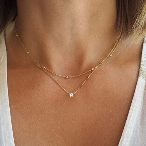 Bsgrl Dainty Necklace, 14K Gold Filled Layered Necklace For Women, Bezel Set Cubic Zirconia Pendent Necklace And Bead Station Chain Choker #TOP6