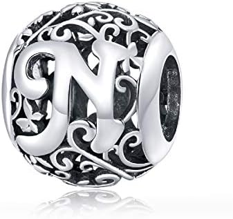 Shining Charm Flower 925 Sterling Silver Initial Letter Charms for Bracelets Alphabet A-Z Round Bead Charm