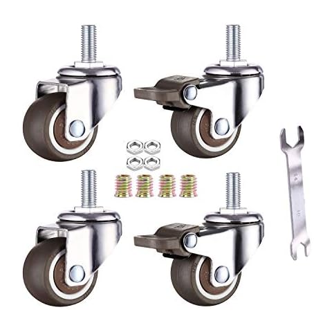 Set of 4 Swivel Castors 25 mm for Furniture M6 x 15 mm with Thread Soft Rubber TPE with Brake Thread Mini Furniture Castors Cover