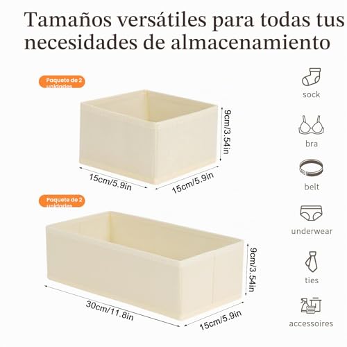 Miniatura 2 de Dimj Organizadores De Cajones 4 Cajas De Almacenaje Plegables De Tela Organizadores De Armarios Separadores De Cajones Cubos De Almacenaje Para Sujetadores, Calcetines, Corbatas, Bufandas Beige