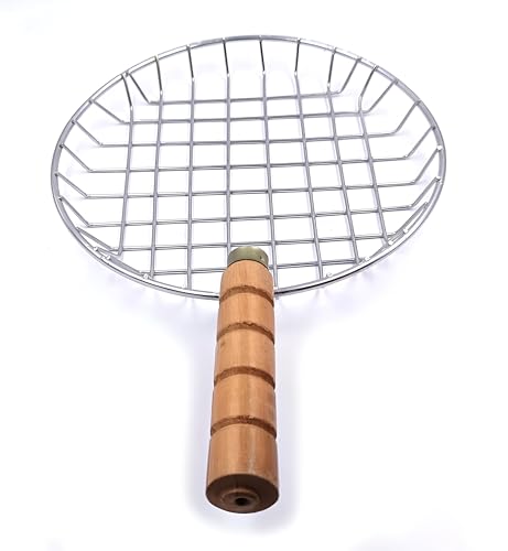 Image of Phulka Grill Roaster for Gas Stove, Grill Tawa Jali for Kitchen Cooking, Roti Basket Pulka Pan Roaster Grill with Wood Handle, Papad Jali, Jali Brinjal Roaster (Heavy Steel Wire)