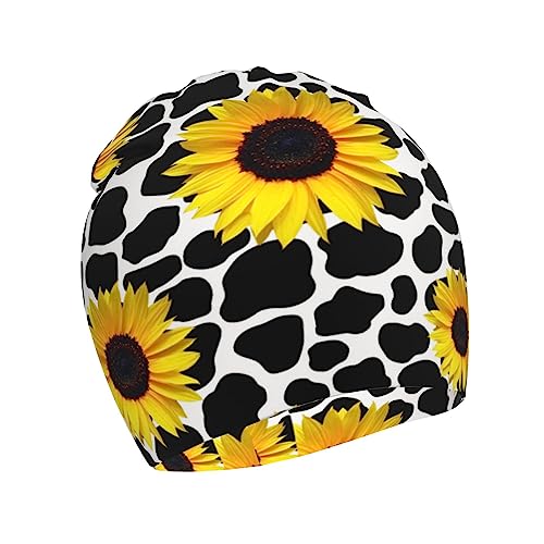 Rqzwdq Sunflower Cow Pattern Kids Beanie Hats Warm Knit Beanie Cap Skull Caps Gifts Decor for Boys Girls White
