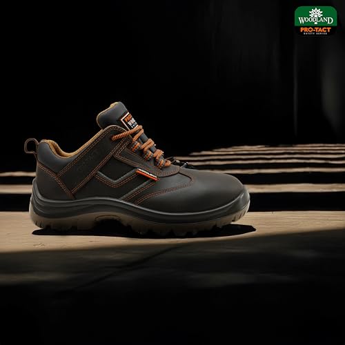 Image of Woodland Thunder Crazy Horse Leather Safety Shoes for Men | Oil Resistant Safety Shoe with Anti Slip Grip | Lightweight, Antistatic PU Double Density with Composite Toe | Brown (7 UK, 41 EU)