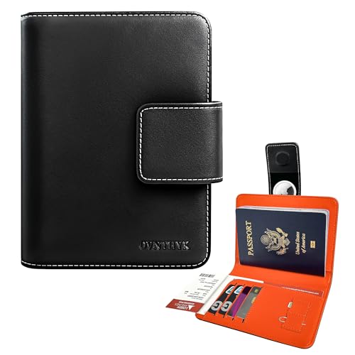 OVNTHYK Passport Holder with Hidden AirTag Slot - RFID Blocking Leather Travel Wallet for Men &...