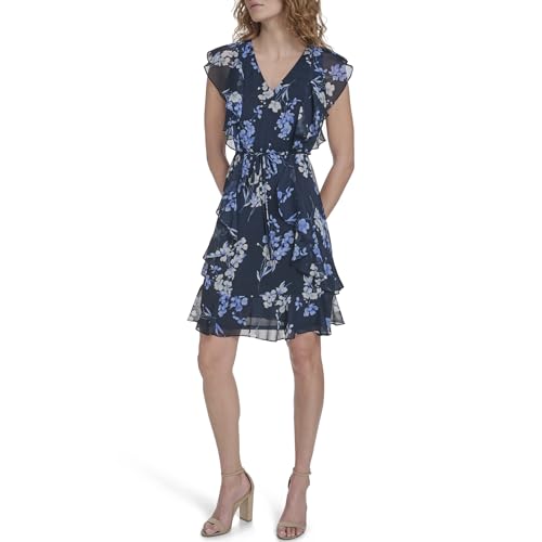 Image of Tommy Hilfiger Women's Sleeveless V-Neck Ruffle Trim Tie Waist Chiffon Mini Dress