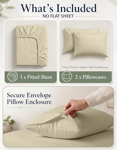 Image of LANE LINEN Fitted Sheet Full Size, 100% Organic Cotton, 3Pc Set (1 Fitted Sheet, 2 Pillowcases), Percale Weave, Full Bed Fitted Sheets, Ultra Soft, Fits Mattress Upto 15 inch Deep - Linen (No Flat Sheet)