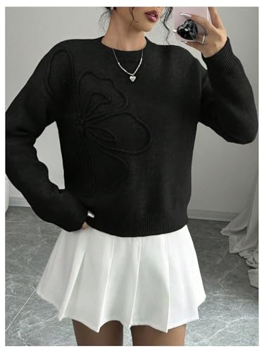Image of Verdusa Women's Spring 3D Flower Appliques Crewneck Sweaters Long Sleeve Drop Shoulder Pullovers Knit Going Out Tops