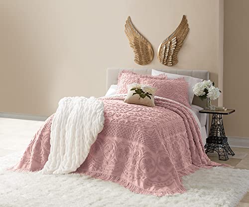 Montgomery Ward Emily Floral Chenille Bedspread, Soft Cotton Comforter Set, Queen Size Quilt - Luxury Hotel Bedding, Queen Bedspread (Blush, Queen)