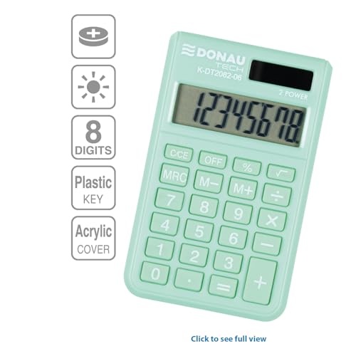Donau TECH Taschenrechner / 8-Stellig Wurzelfunktion/ 9,7 x 6 x 1 cm/Grün/Rechner mit 8-stelliger Anzeige/Dual-Power Solar - Batteriebetrieb/Kompaktes Design