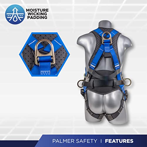 Ateret Fall Protection Full Body 5 Point Harness, Padded Back Support, Quick-Connect Buckle, Grommet Legs, Back&Side D-Rings, Osha Ansi Industrial Roofing Tool Personal Equipment (Blue - Lg) #TOP3