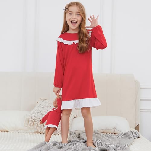 Jxstar Matching Gilrs&Doll Nightgowns Ruffle Trim Long Sleeve Pajamas Sleepwear Night Dresses4