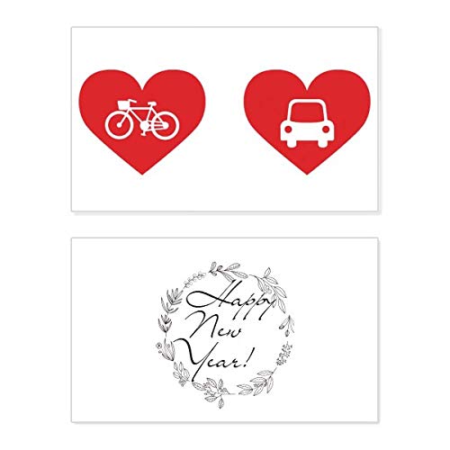 Tarjeta conmemorativa de Año Nuevo con bicicleta y corazón rojo para felicitaciones