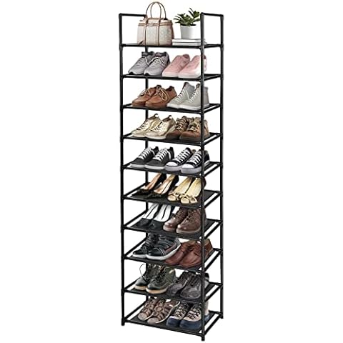 10 Tiers Shoe Rack, 20 Pairs Tall Shoe Storage Organizer Stackable Narrow Metal Stand Shelf for Closet Entryway Hallway, Black Cover