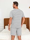 Demegimi Piżama męska krótka piżama bawełniana na lato krótki rękaw T-shirt okrągły dekolt bielizna nocna w paski, jasnoszary, XL