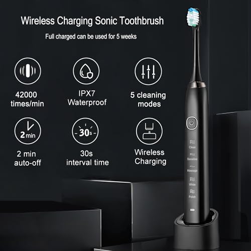 Sonic Electric Toothbrush Electric Toothbrushes Adults 8 Brush Heads Travel Case Wireless Charging 5 Cleaning Modes 2 Minute Smart Timer Sonic Toothbrushes Ultra Whitening IPX7 Waterproof - Image 2