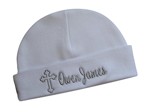 Embroidered Baptism Baby Hat with Cross Personalized with Custom Name 100% Cotton (0-6 Months, Silver)