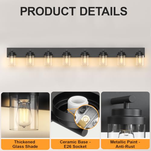 Image of IZORRO Bathroom Vanity Light Fixture, 8-Light 56 inch Matte Black Bathroom Light Fixtures Over Mirror, with Clear Glass Shade, Modern Farmhouse Vanity Lights, Rustic Restroom Lighting Fixtures