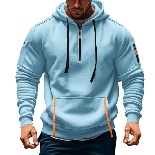 Image of Oversized Hoodie Men, Snuggle Golf Hiking Classic Smart Casual Cosy Fishing Pocket Drawstring Zip-up Hooded Collar Base Fleece Tracksuit, Tactical Custom Men Sweatshirt, 3XL Light Blue