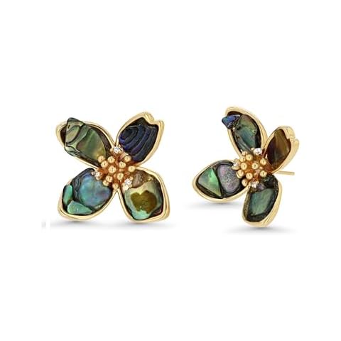 Sngia Gold Mother of Pearl Flower Stud Statement Earrings for Women, Dainty Bold Retro Handmade Trendy Natural Sea Abalone Shell Floral Bohemian Jewelry Gifts, Small Unique Baroque Turquoise Stone Summer Beach Fashion Earrings Accessories, Vintage Gemstone Nickle Free Huggies Earrings. Cover
