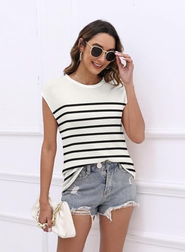 Image of Womens Cap Sleeve Sweater Vest Summer Tops Sleeveless Tank 2026 Trendy Spring Clothes Striped Short Sleeve Shirts,Stripe Apricot,Medium