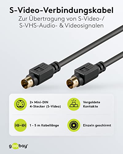 Goobay 50058 S Video Kabel vergoldete Mini DIN Stecker 4 polig S-Videokabel geschirmt SVHS Kabel VHS Videorecorder / VHS Recorder Kabel Schwarz 2m