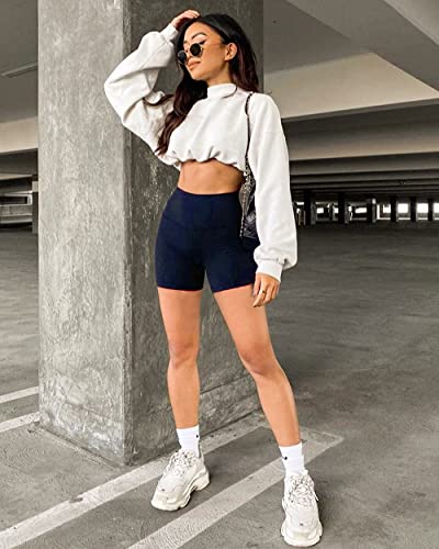 Fullsoft High Waisted Biker Shorts For Women-5" Tummy Control Fitness Athletic Workout Running Yoga Gym Shorts(Navy Blue,Large-X-Large) #TOP28