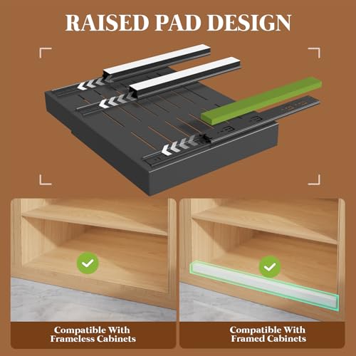 4 Pack Expandable Pull Out Cabinet Organizer 21"Deep With Raising Pad for Framed Cabinets,Upgrade 3 Slide Rails Slide Out Drawers,No Drill Roll Out Shelves,Adjustable Width 12.1"-20.4" Black