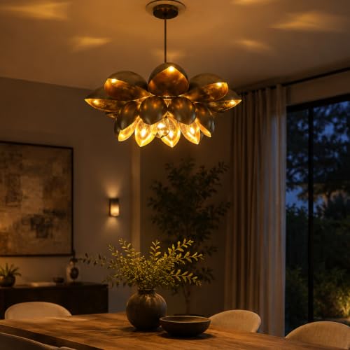 Image of KREATIVE ART'S Pendant Light & Chandelier - 22-Inch Golden Lotus Gold Hanging Lamp, Jhumar Style, Adjustable Height (24 inch-36 inch) for Living Room, Dining, Pooja Room & Balcony Decor (Bulb Included)