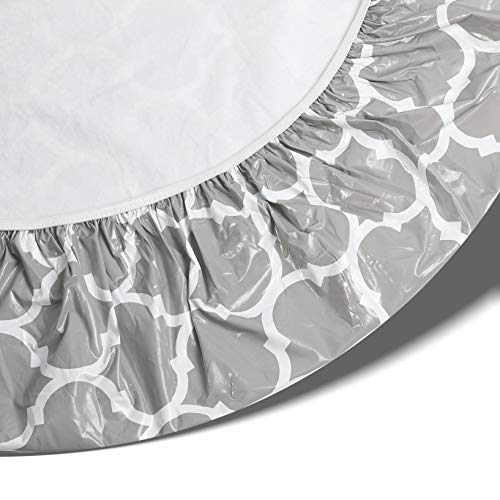 Rally Home Goods Indoor Outdoor Patio Round Fitted Vinyl Tablecloth, Flannel Backing, Elastic Edge, Waterproof Wipeable Plastic Cover, Gray Moroccan Trellis Pattern For 6-Seat Table 43-56’’ Diameter #TOP4