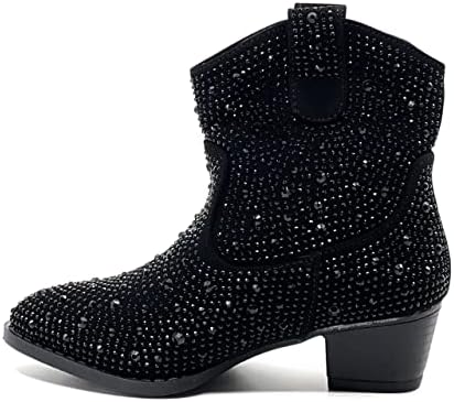 Forever Girls Rhinestone Cowboy Boots Kids Low Heel Dress Booties River-01K Black 4 | Image 3