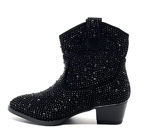 Forever Girls Rhinestone Cowboy Boots Kids Low Heel Dress Booties River-01K Black 3 #TOP7