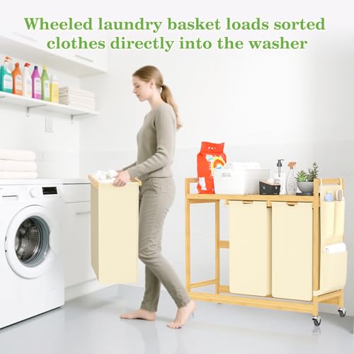 SUHU Wäschekorb aus 3 Fächer Bambus Wäschesammler mit Rad Wäscheregal kleine seitliche Taschen Wäschesäcken Abnehmbaren Wäschebox für Schlafzimmer Waschküche Beige