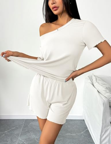 Image of Ekouaer 2 Packs Women Pajama Set Short Sleeve Sleepwear Soft Top and Shorts | Casual Pjs Outfits Ribbed Knit Lounge Set with Pockets