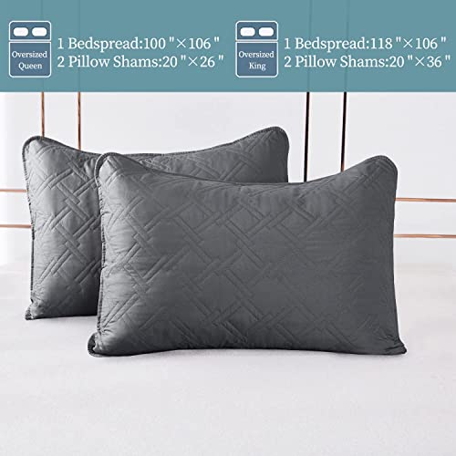Hig 3 Piece Reversible Oversize Bedspread Set King, Dark Gray Minimal Style Stitch Quilted Coverlet Set With Classic Geometric Diamond Pattern, Neutral Solid Quilt Set For Bedroom, Microfiber (Karmen) #TOP6