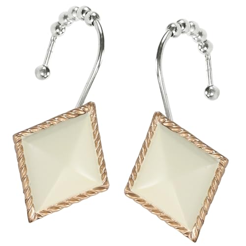 Cream Beige Gold Shower Curtain Hooks Rust Proof, Modern Boho Geometric Decorative Shower Hooks for Shower Curtain, 5 Roller Ring Balls Farmhouse Bathroom Shower Curtain Hooks, Set of 12