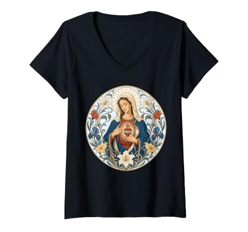 Femme Sainte Mère Marie Cœur Immaculé Floral Catholique Saint T-Shirt avec Col en V
