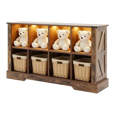 Seekverse 8 Cube Bookcase, Wooden Cube Storage Organizer Shelf, Brown Horizontal Book Shelf with LED Lights, Freestanding Display Cabinet for Living Room, Bedroom, Home Office Cover