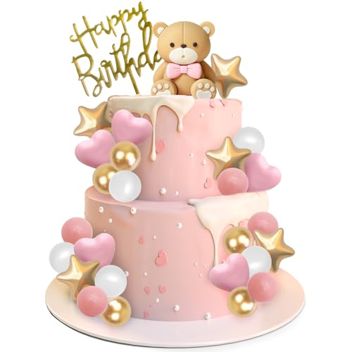 Decorazioni Torta Orso 27 Pezzi Cake Topper Compleanno Bambino Orsetto Topper Torta, Cuore Stella Palline Decorative per Torte, Carino Decorazione Torta per Bambini Anniversari Tema Feste (Rosa)