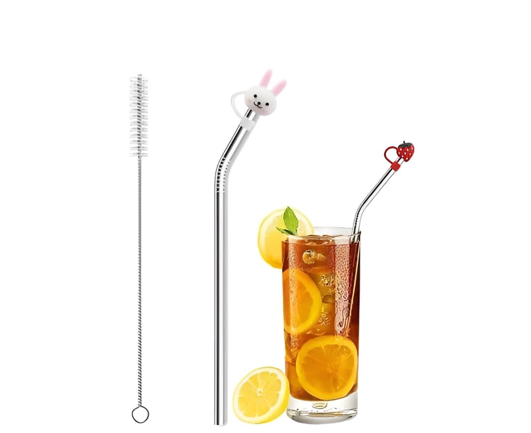 Mclear Stainless Steel Bend Straw, Silicone Straw Cap with Straw Cleaning Brush Reusable Cute Straw Plugs Anti-dust Portable, Cute Cartoon Patterns Cover (1 Bend Straw, 1cap, 1brush) Pack of 1-image-12