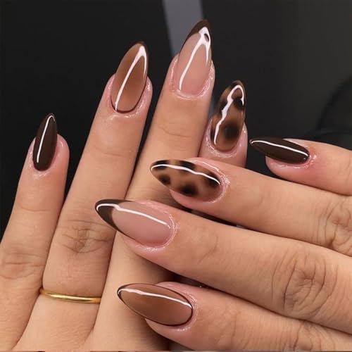 Leopard Print Press on Nails Almond Short Fake Nails with Brown French Tip Design Nail Press Ons Glossy False Nail Full Cover Fall Acrylic Nails for Women 24Pcs