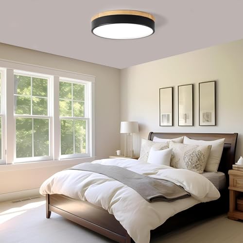 Modern Wood Flush Mount Ceiling Light, Black LED 5CCT 2700K-6000K Dimmable Ceiling Light Fixtures, Round Close to Lighting Fixture for Kitchen Entryway Hallway Bedroom Laundry Room-11.8in by Goomavi - Used condition - Image 6