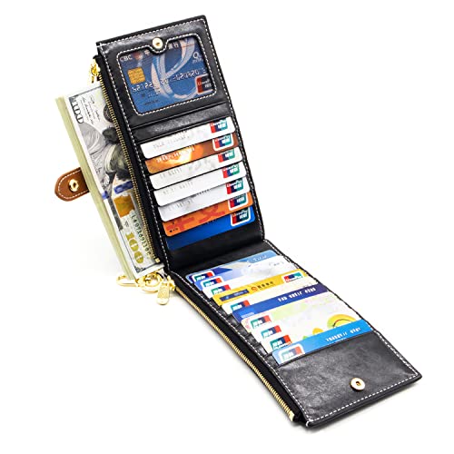 ANDOILT Wallets for Women Genuine Leather Wallet RFID Blocking Bifold Multi Card Case Purse Zipper Pocket with Keychain Black2