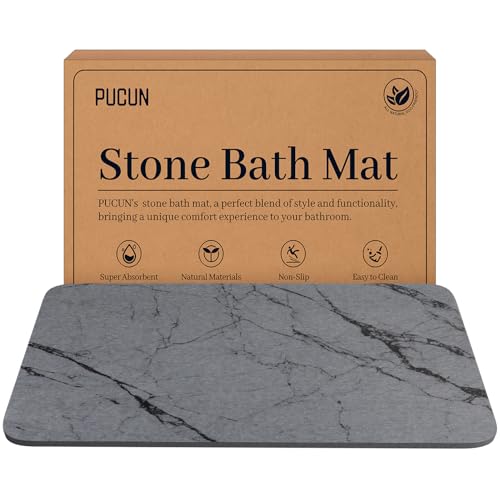 PUCUN Stone Bath Mat Quick Dry Bath Stone Mat for Bathroom Floor Diatomaceous Earth Diatomite -Super Absorbent,Natural, Easy to Clean Grey