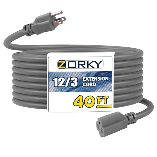 Zorky 40ft 12/3 SJTW Extension Cord Gray