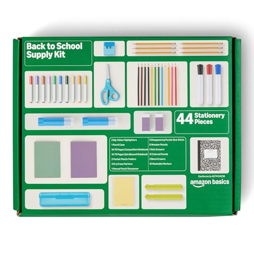 Amazon Basics Back to School Supplies Kit with colored Box, 44 Count, Multicolor by Amazon Basics - Used condition - CA$7.55