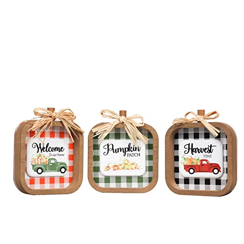 MEETYAMOR Fall Decorations for Home, 3 Pack Pumpkin Wood Sign with WELCOME HARVEST PUMPKIN Lettered for Fall Decor, Decorative Autumn Sign Autumn for Room, Table, Tiered Trays, Shelf, Thanksgivin
