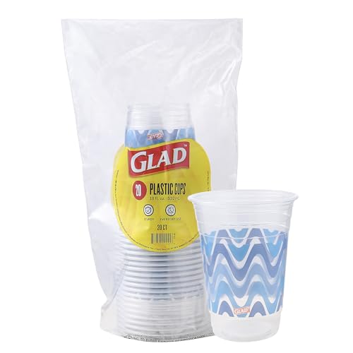 Glad Everyday Clear Plastic Cups with Blue Wave Print - Strong and Sturdy Cup for All Occasions, Holds 18 Ounces, 18 Ounce, 20 Count