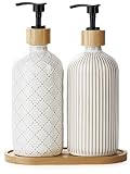 Getstar Hand and Dish Soap Dispenser Set, Ceramic Soap Dispenser for Bathroom and Kitchen with Rust Proof Pump and Tray, Set of 2 (Black Pump)